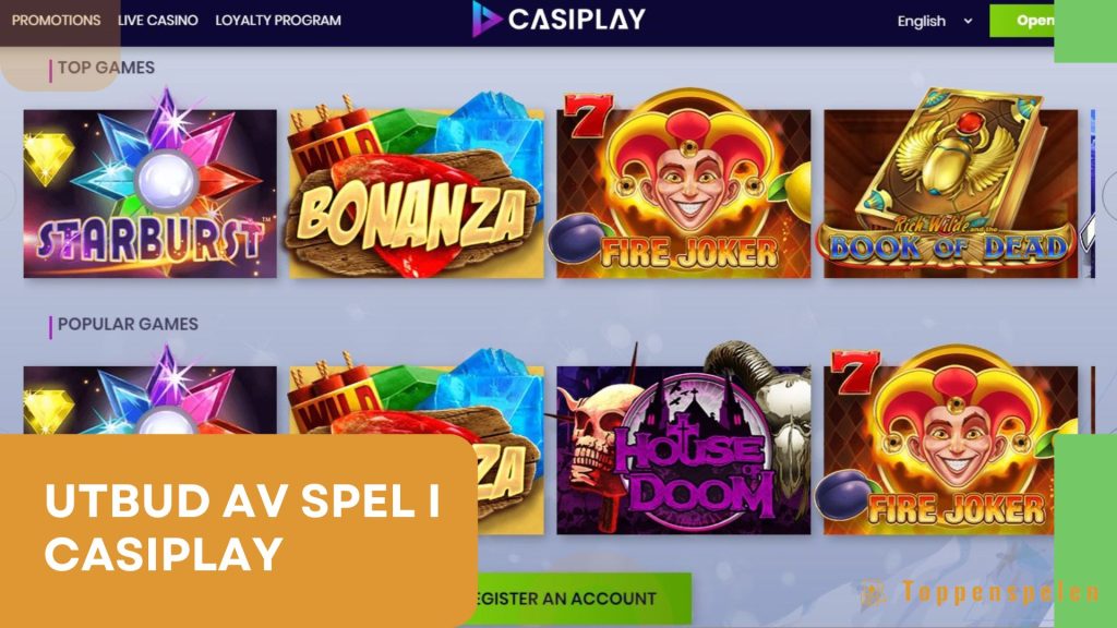 Sortiment av spel i Live Casino-avsnittet på Casiplays webbplats